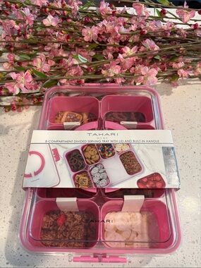 Tahari Pink 8-Compartment Divided Serving Tray with Clear Lid